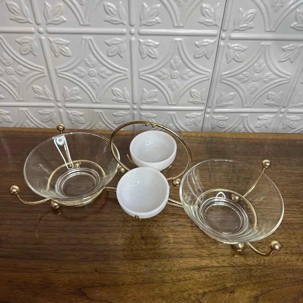 Vintage Libbey MCM Glass Gold Relish Condiment 4 Bowl Set Metal Gold tone Caddy